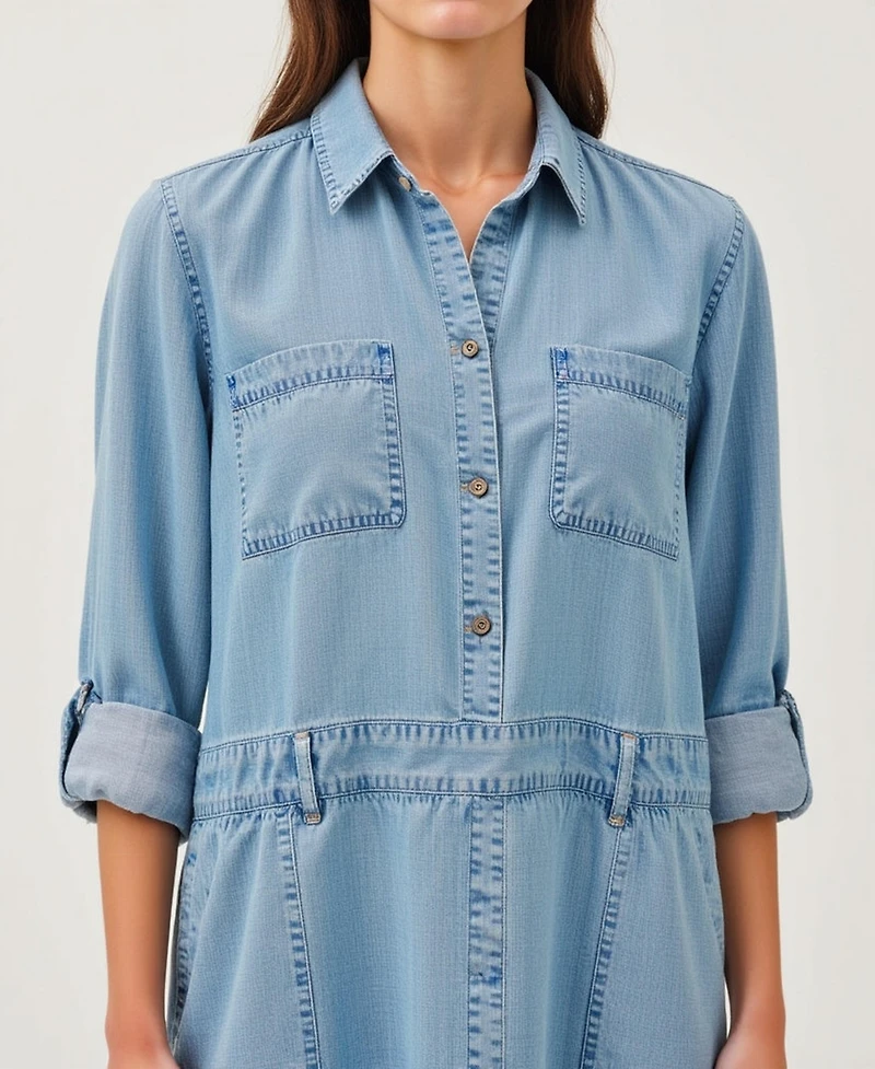 Modenaire Women's Button-Front Denim Mini Dress with Pockets