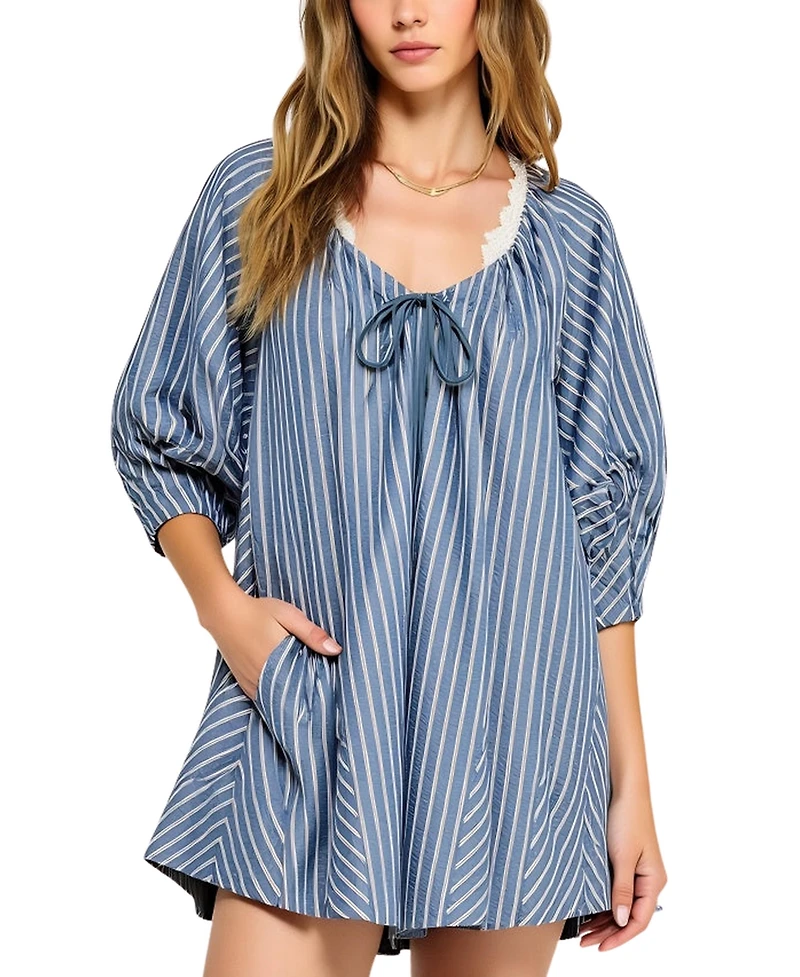 Modenaire Women's Striped V-Neck Front Tie 3/4 Sleeve Romper