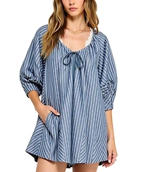 Modenaire Women's Striped V-Neck Front Tie 3/4 Sleeve Romper