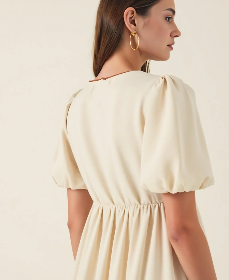 Modenaire Women's Puff Sleeve Contrast Tie Midi Dress