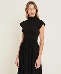 Modenaire Women's Scallop Edge Mock Neck Sleeveless Knit Midi Dress