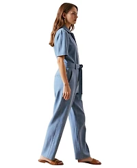 Modenaire Women's Paisley Print Belted Short Sleeve Button Front Jumpsuit