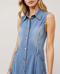 Modenaire Women's Sleeveless Frayed Seams Button Front Midi Dress