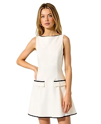 Modenaire Women's Sleeveless Contrast Trim Faux Pocket Flaps Mini Dress