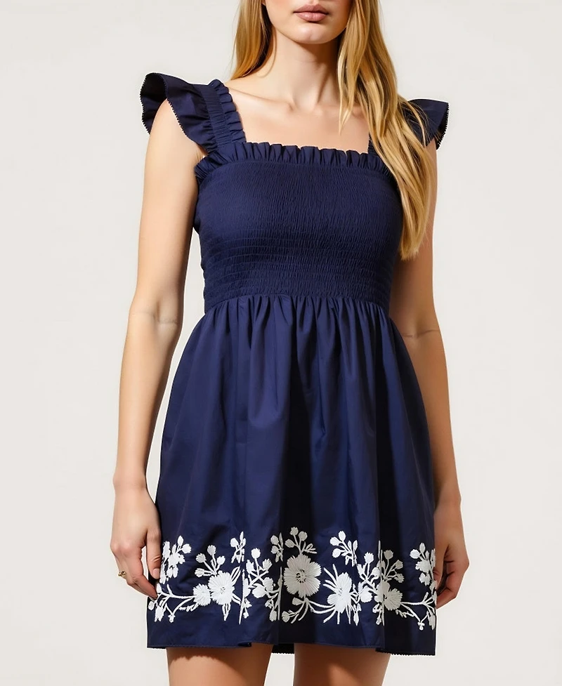 Modenaire Women's Smocked Ruffle Strap Floral Embroidery Mini Dress