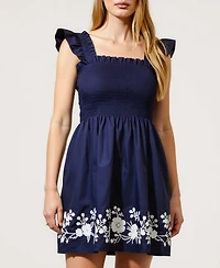 Modenaire Women's Smocked Ruffle Strap Floral Embroidery Mini Dress
