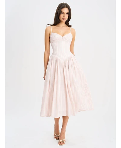 Miss Circle Women's Zania Pink Stripe Ruched Breast Cotton Jacquard Midi Dress