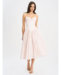 Miss Circle Women's Zania Pink Stripe Ruched Breast Cotton Jacquard Midi Dress