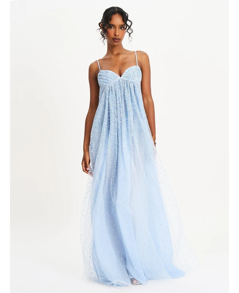 Miss Circle Women's Wallie Baby Blue Rhinestone Embellished Mesh Backless Gown