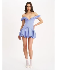 Miss Circle Women Sablee Checkered Puffy Off Shoulder Trim Bubble Hem Mini Dress