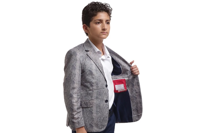 Elie Balleh Boys Silver Slim Fit Printed Velvet Blazer
