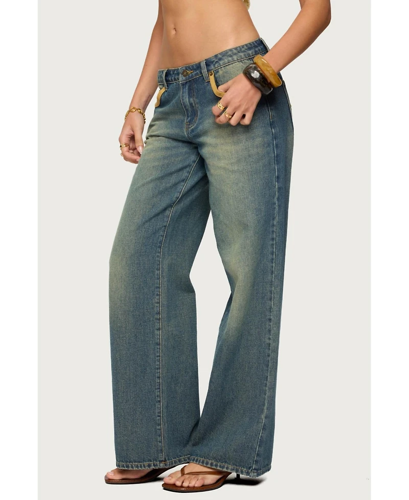 Edikted Women's Faux Suede Star Low Rise Jeans