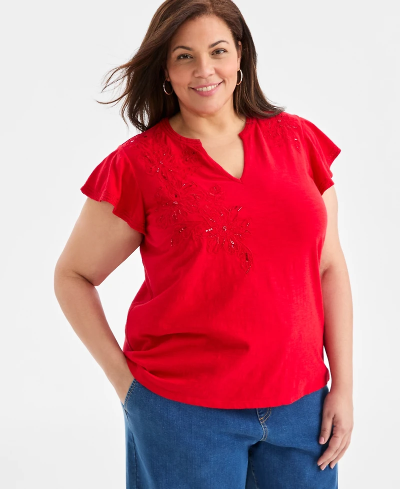 Style & Co Plus Size Embroidered Flutter-Sleeve Knit Top, Macy's Exclusive