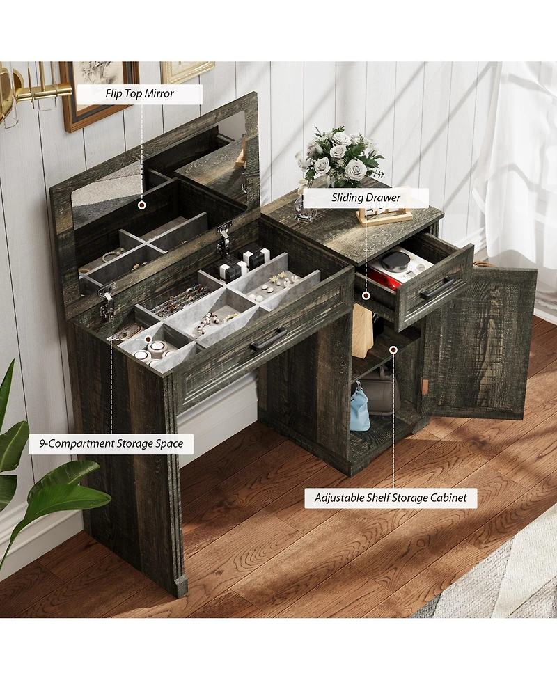 Vlsrka Vanity desk with mirror and storage drawers.