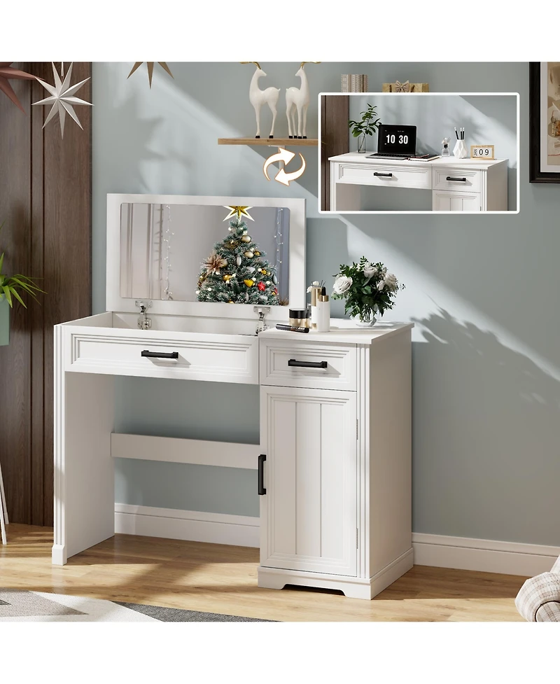 Vlsrka Vanity desk with mirror and storage drawers.