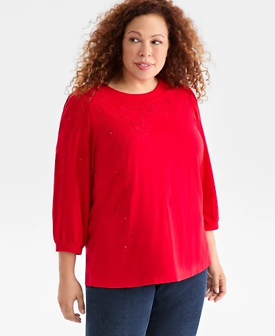 Style & Co Plus Size Embellished Floral Crewneck Top, Macy's Exclusive