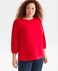 Style & Co Plus Size Embellished Floral Crewneck Top, Macy's Exclusive