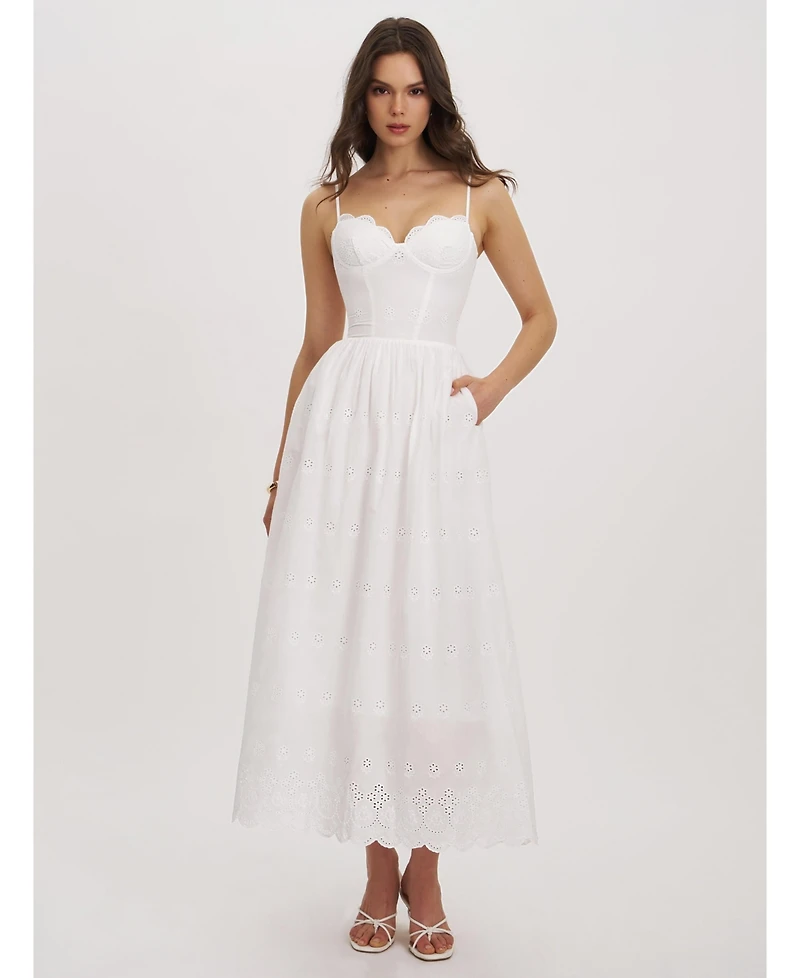 Miss Circle Women's Oberon White Cotton Eyelet Lace-Up Back Maxi Dress