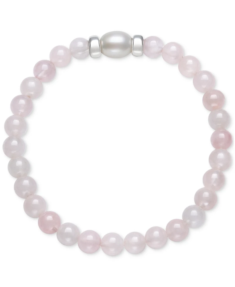 Onyx & Cultured Freshwater Pearl (7-8mm) Stretch Bracelet in Sterling Silver (Also in Rose Quartz)