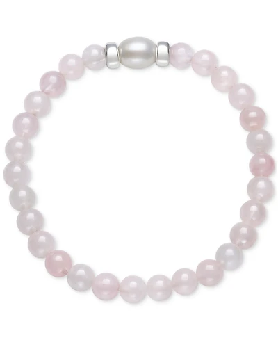 Onyx & Cultured Freshwater Pearl (7-8mm) Stretch Bracelet in Sterling Silver (Also in Rose Quartz)