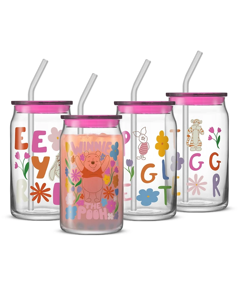 JoyJolt Pooh and Friends Can Tumblers with Lids and Straws, Set of 4