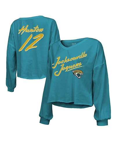 Majestic Women's Travis Hunter Teal Jacksonville Jaguars 2025 Nfl Draft First Round Pick Off-Shoulder Script Name Number V-Neck T-Shirt
