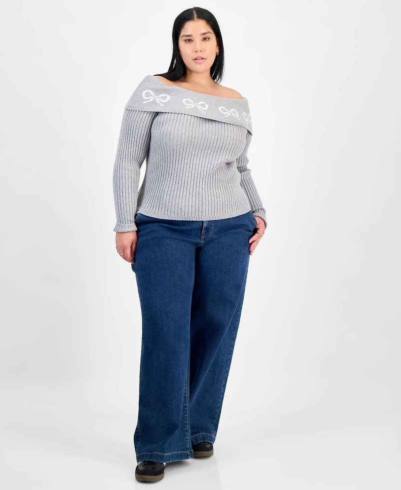 Madden Girl Trendy Plus Size Bow Off-The-Shoulder Sweater