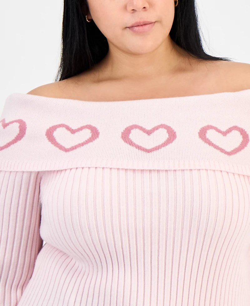 Madden Girl Trendy Plus Heart Off-The-Shoulder Sweater