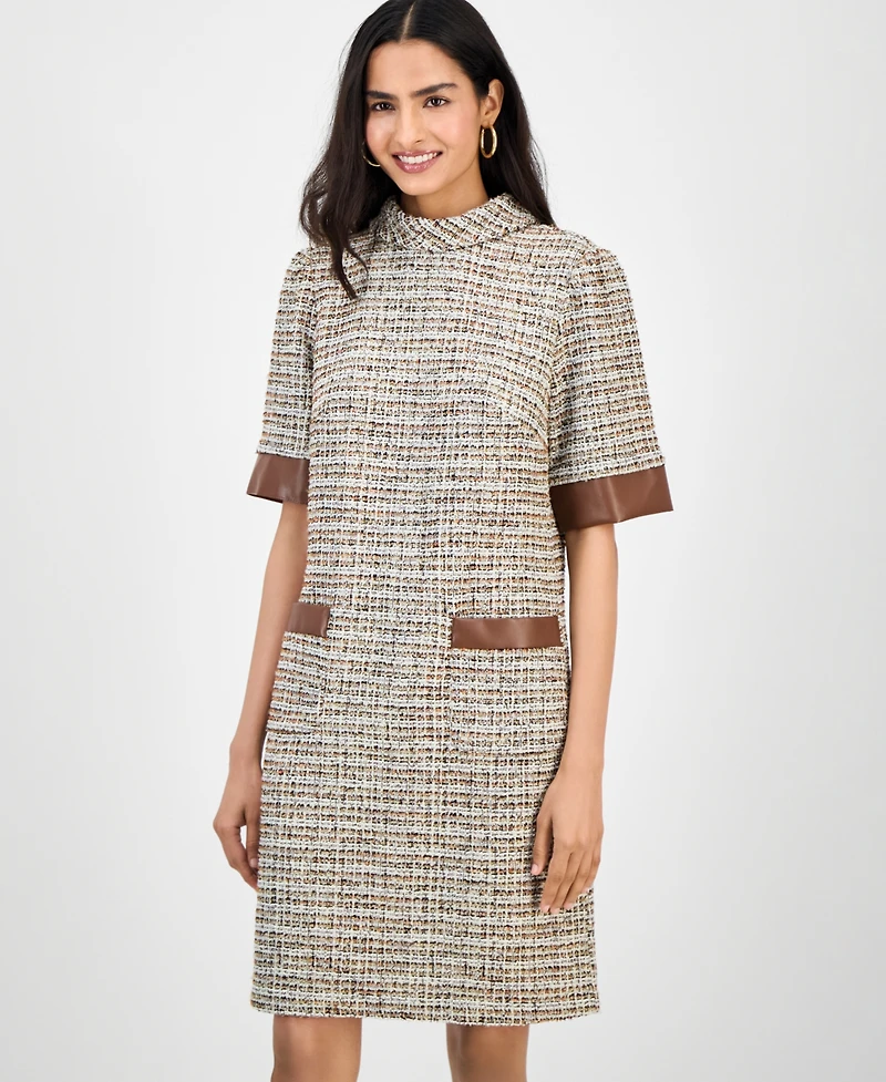 julia jordan Women's Faux-Leather-Trim Tweed Shift Dress