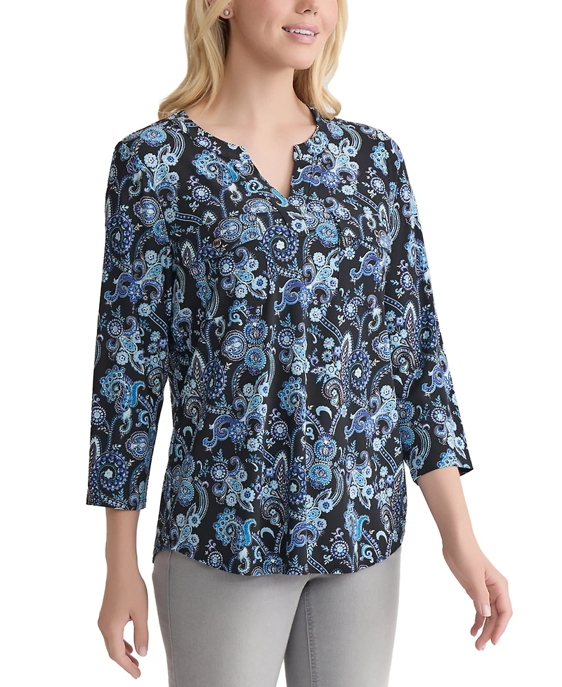 Jones New York Petite Paisley-Print Utility Blouse