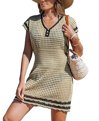 Cupshe Women's Crochet Knit Cutout V-Neck Mini Cover-Up Beach Dress