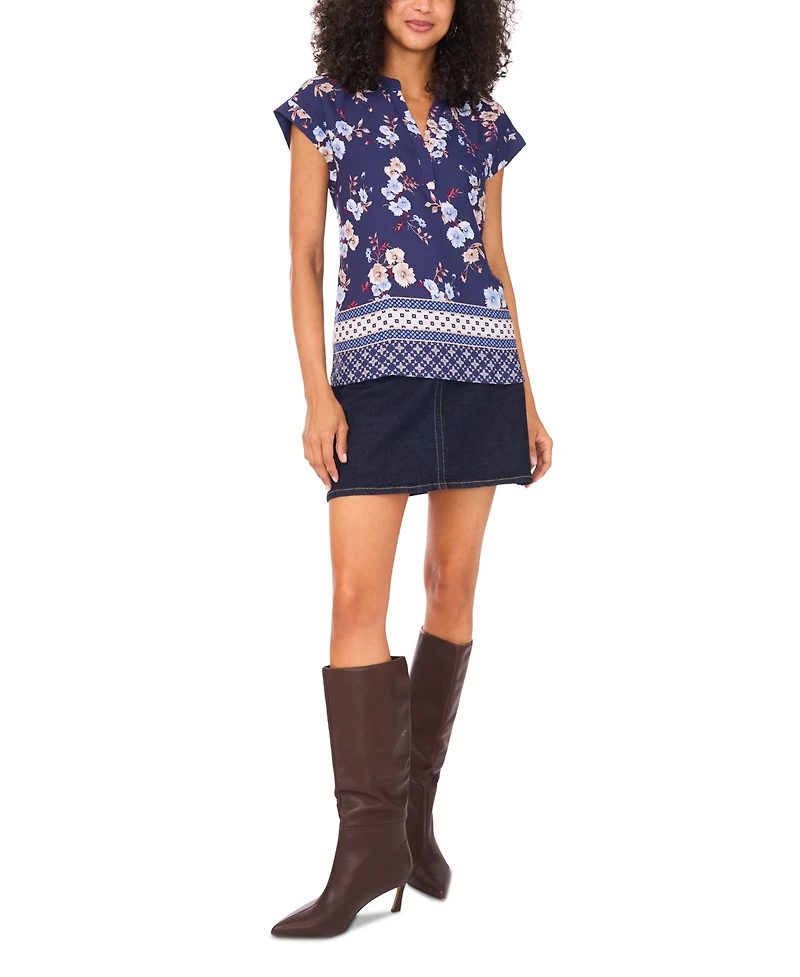 Vince Camuto Women's Mixed-Print Split-Neck Blouse