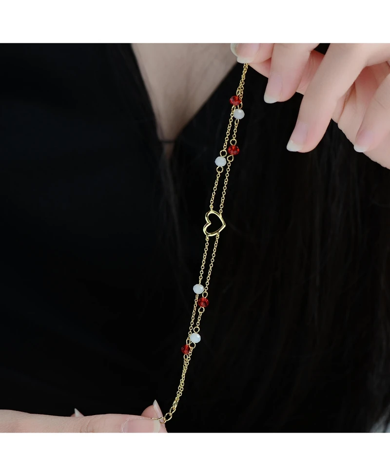 GiGiGirl 14K Gold-Plated with Red & White Beads Double Chain Open Heart Bracelet