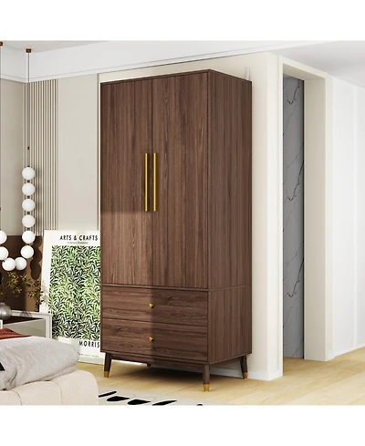 Famapy Grey Armoire with 2-Drawers, Hanging Rod and Gold Metal Handles