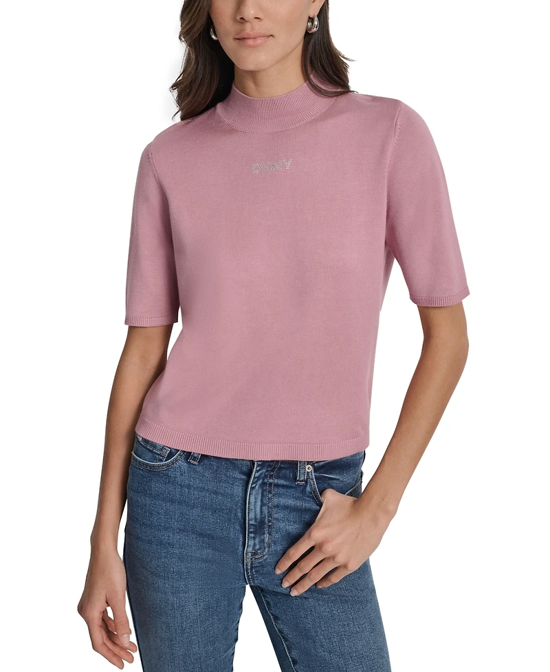 Dkny Jeans Petite Mock-Neck Embellished-Logo Sweater