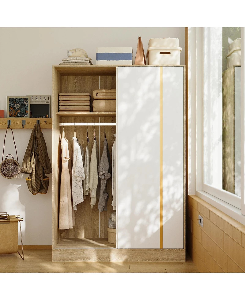 Modern high-quality natural wood color sliding door wardrobe, made of wood, with hanging clothes pole