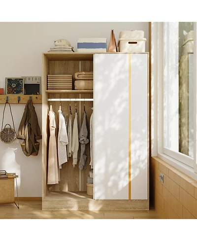 Modern high-quality natural wood color sliding door wardrobe, made of wood, with hanging clothes pole