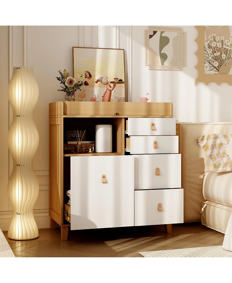 4-drawer nightstand with one door, wood and white wooden side table, end table with leather handles, appropriate for bedrooms, living rooms, and offic