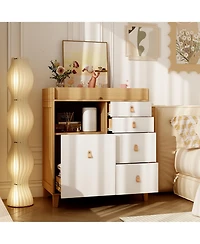4-drawer nightstand with one door, wood and white wooden side table, end table with leather handles, appropriate for bedrooms, living rooms, and offic