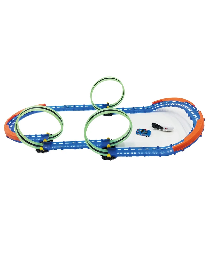 R/C car and track with three loops and glow trace technology.