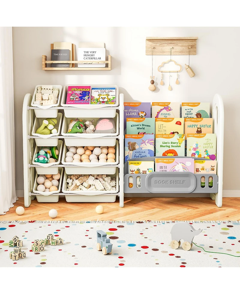 Sugift Kids Toy Organizer and Bookshelf, 2-in-1 Storage Shelf with 9 Bins & 4 Book Slots