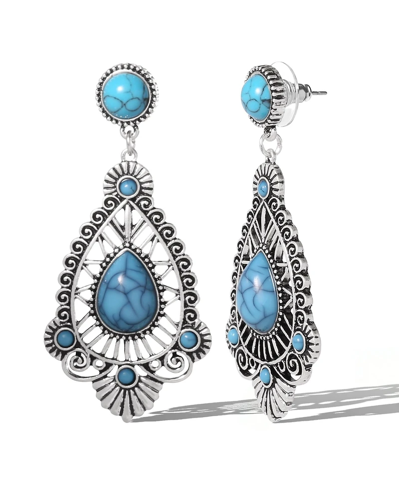 Jessica Simpson Silver-Tone Filigree Teardrop Earrings in Blue