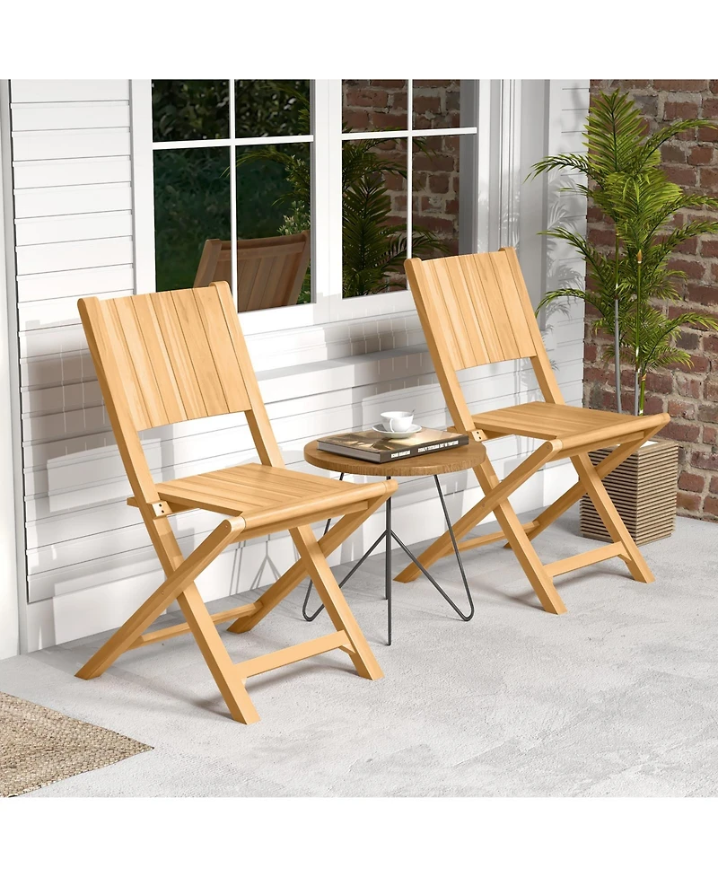 2 Pieces Teak Wood Outdoor Dining Chairs with Slatted Seat