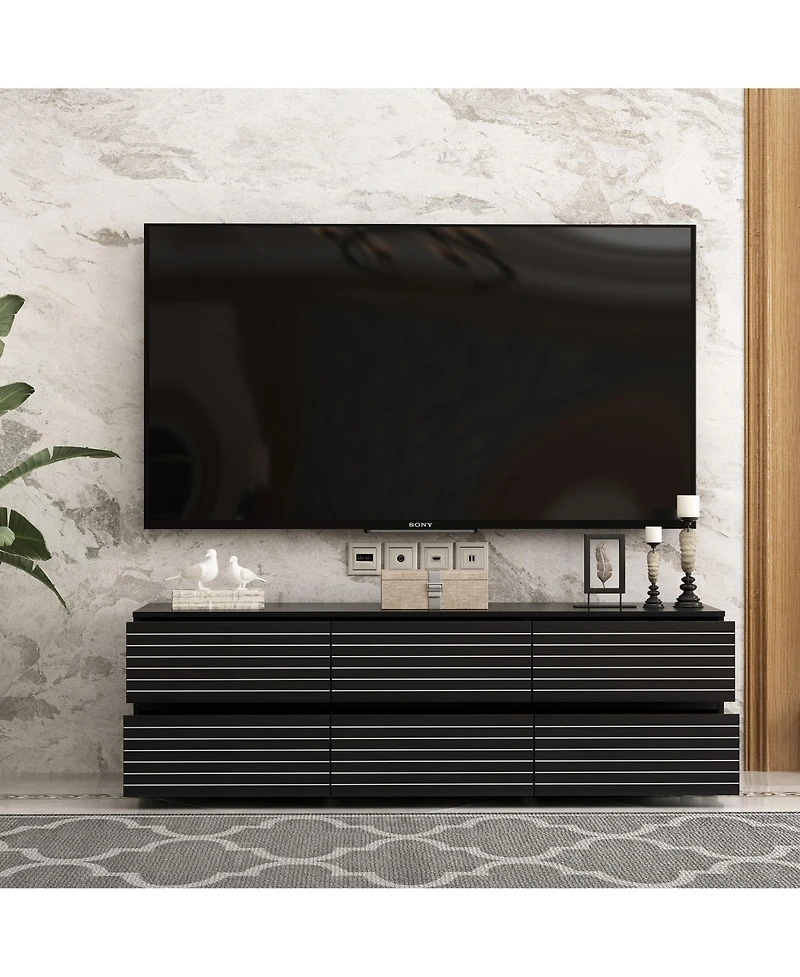 Tv stand with 6 drawers, media console with embossed texture, entertainment center in black wood