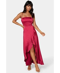 Bebe Women's Satin Ruffle Maxi Lace Up Back