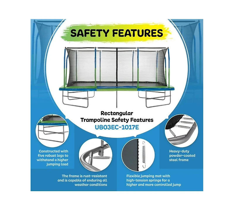 Plexalife - Mega 10' X 17' Gymnastics Style, Rectangular Trampoline Set with Premium Top-Ring Enclosure System