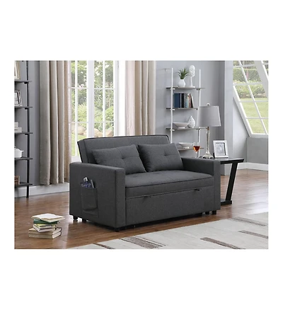 Homlux 56"W Dark Gray Linen Convertible Sleeper Loveseat with Side Pocket