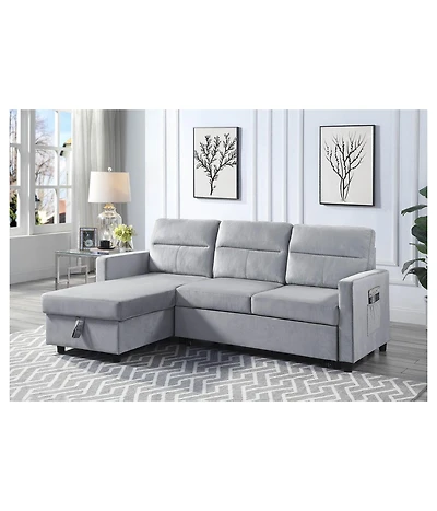 Homlux 81.5"W Light Gray Velvet Reversible Sleeper Sectional Sofa with Storage Chaise and Side Pocket
