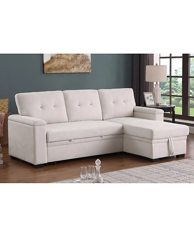 Homlux 84.5"W Beige Woven Fabric Reversible Sleeper Sectional Sofa with Storage Chaise