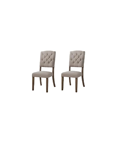 Set of Two Tufted Upholstered Linen Dining Side Chairs with Open Back